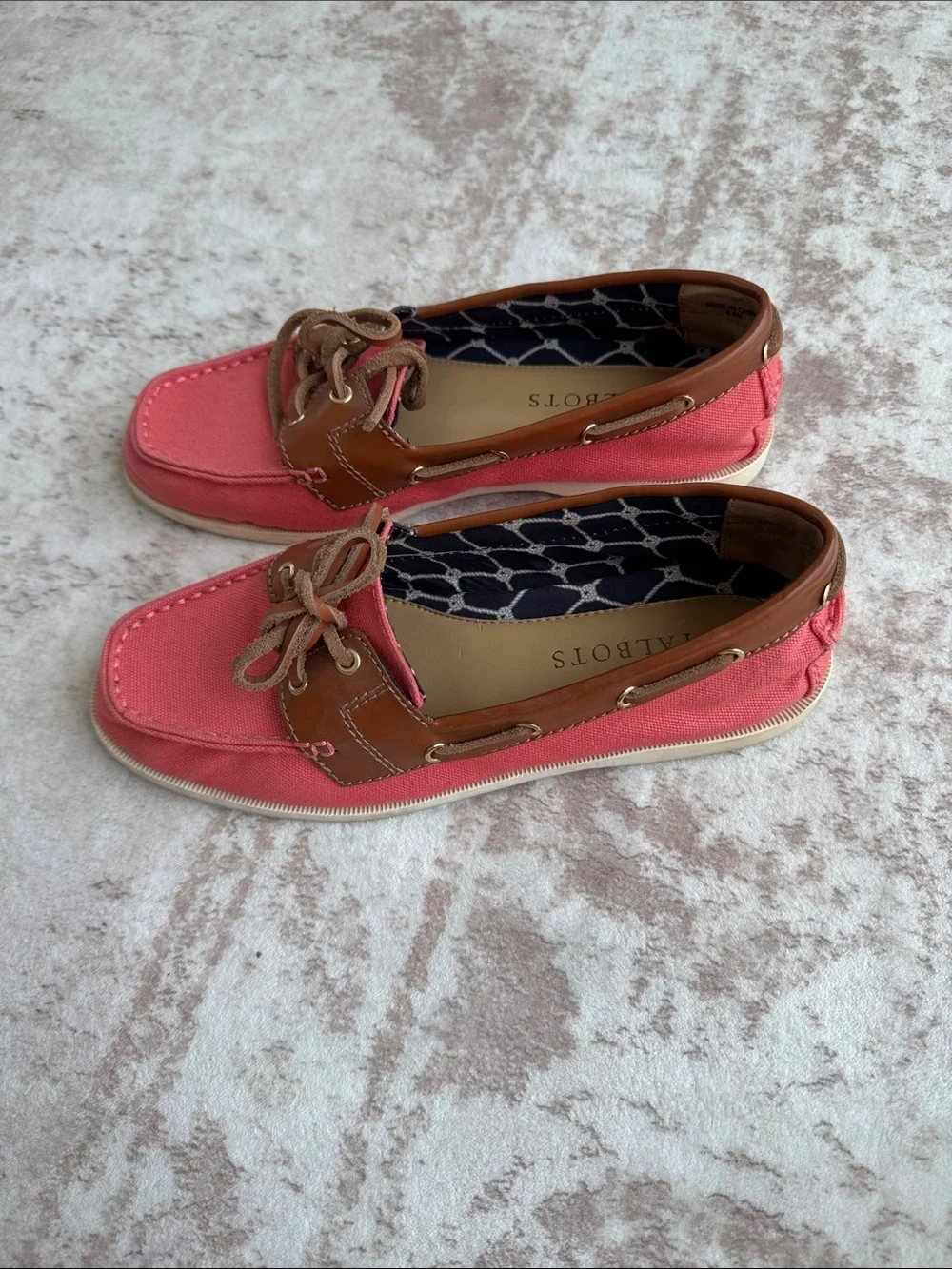 Talbot’s Slip-On Round Toe Drawstring Boat Shoes leather and coral